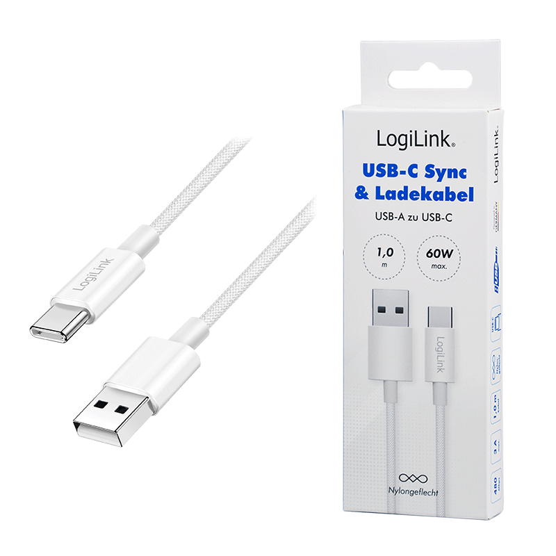 USB C/A Kabel 1,0 M. - USB Typ C-Stecker > USB A-Stecker, weiss Nylon