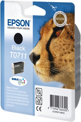 Epson T0711 Tintenpatrone (Gepard) für D78 D92 D120 DX4050 DX5000, DURABrite, schwarz Epson T0711 Tintenpatrone (Gepard) für D78 D92 D120 DX4050 DX5000, DURABrite, schwarz