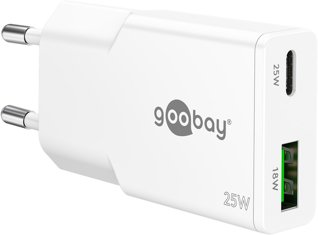 Goobay Dual USB Lade-Adapter 230V auf USB-C PD + USB-A QC, weiß Goobay Dual USB Lade-Adapter 230V auf USB-C PD + USB-A QC, weiß