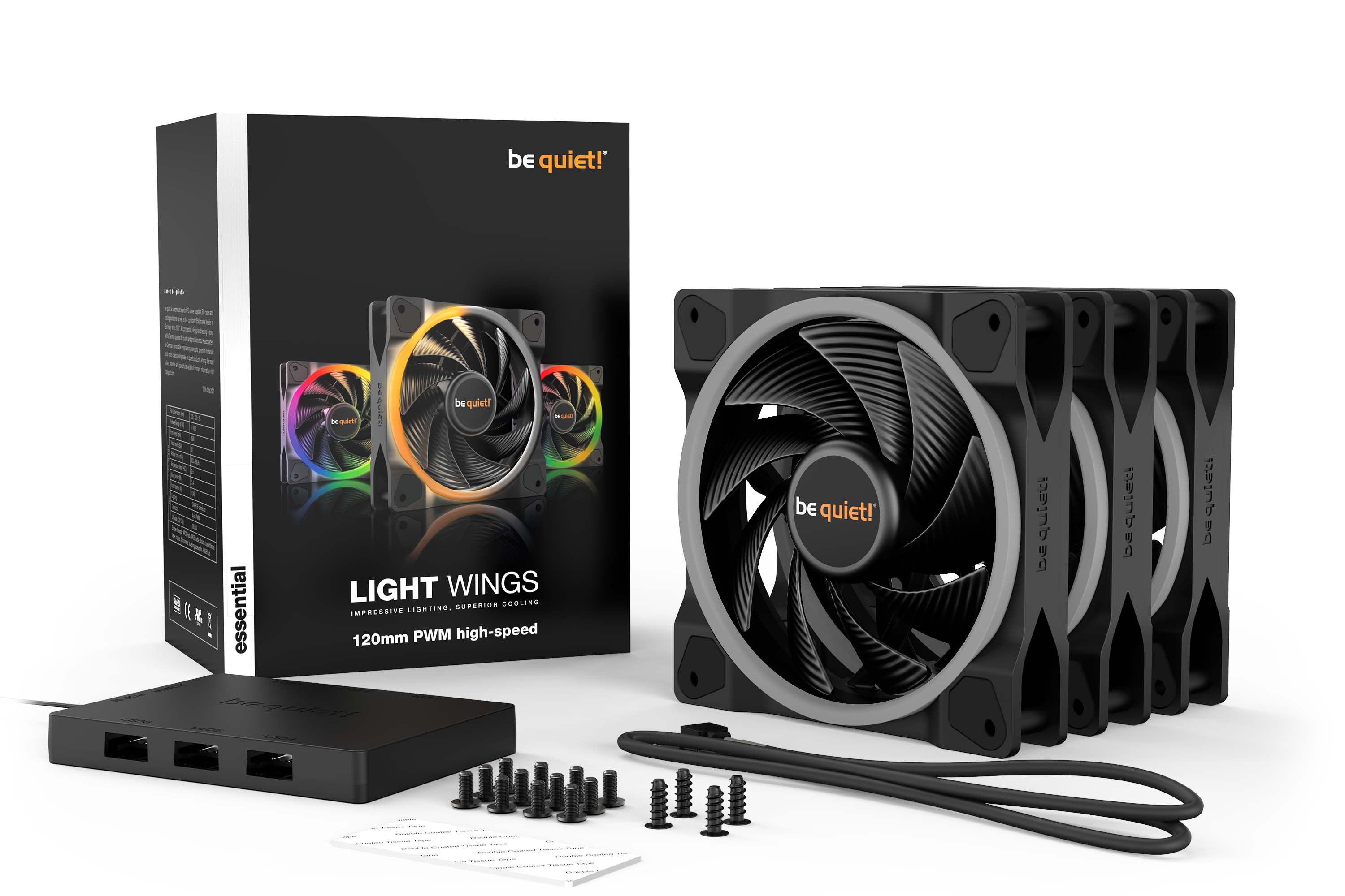 BeQuiet Light Wings ARGB PWM high-speed PC-Lüfter Set 3x 120x120x25mm 4-pol. PWM-Stecker, schwarz BeQuiet Light Wings ARGB PWM high-speed PC-Lüfter Set 3x 120x120x25mm 4-pol. PWM-Stecker, schwarz