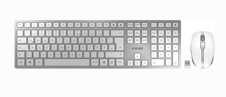 Cherry DW 9100 SLIM - Rechargeable Wireless Desktop Set - Tastatur + Maus, USB / Bluetooth, silber/weiss Cherry DW 9100 SLIM - Rechargeable Wireless Desktop Set - Tastatur + Maus, USB / Bluetooth, silber/weiss