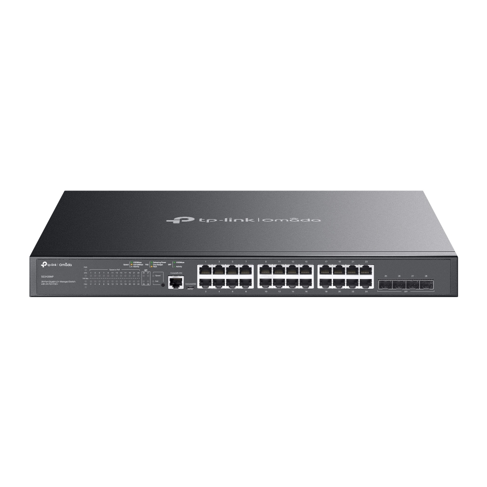 TP-Link TL-SG3428MP Gigabit Switch 28-Port (24xPoE+ 384W) 4x Gb SFP managed 19" / Desktop TP-Link TL-SG3428MP Gigabit Switch 28-Port (24xPoE+ 384W) 4x Gb SFP managed 19" / Desktop