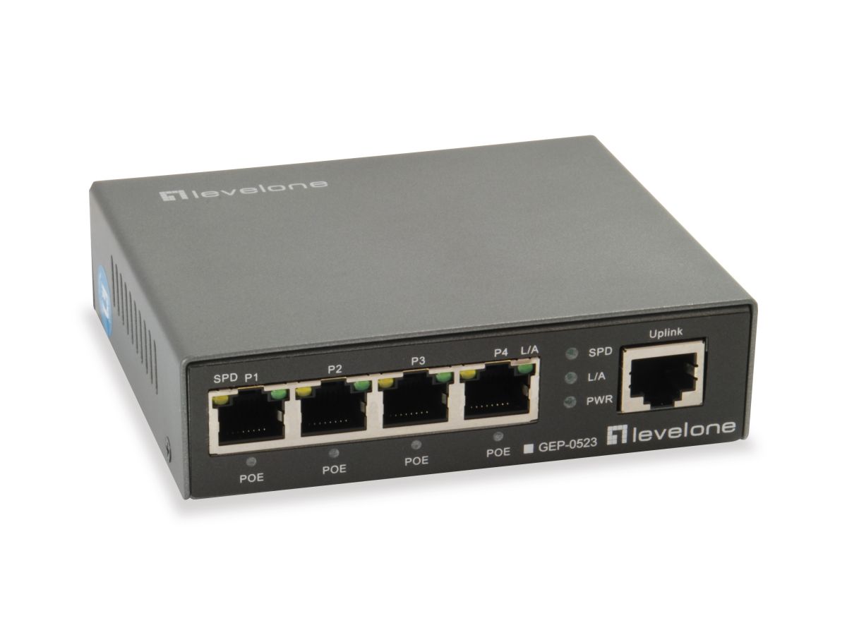 LevelOne GEP-0523 Gigabit Switch 5-Port (4xPoE+ 60W) 10-1000Mbps, Desktop Metallgehäuse LevelOne GEP-0523 Gigabit Switch 5-Port (4xPoE+ 60W) 10-1000Mbps, Desktop Metallgehäuse