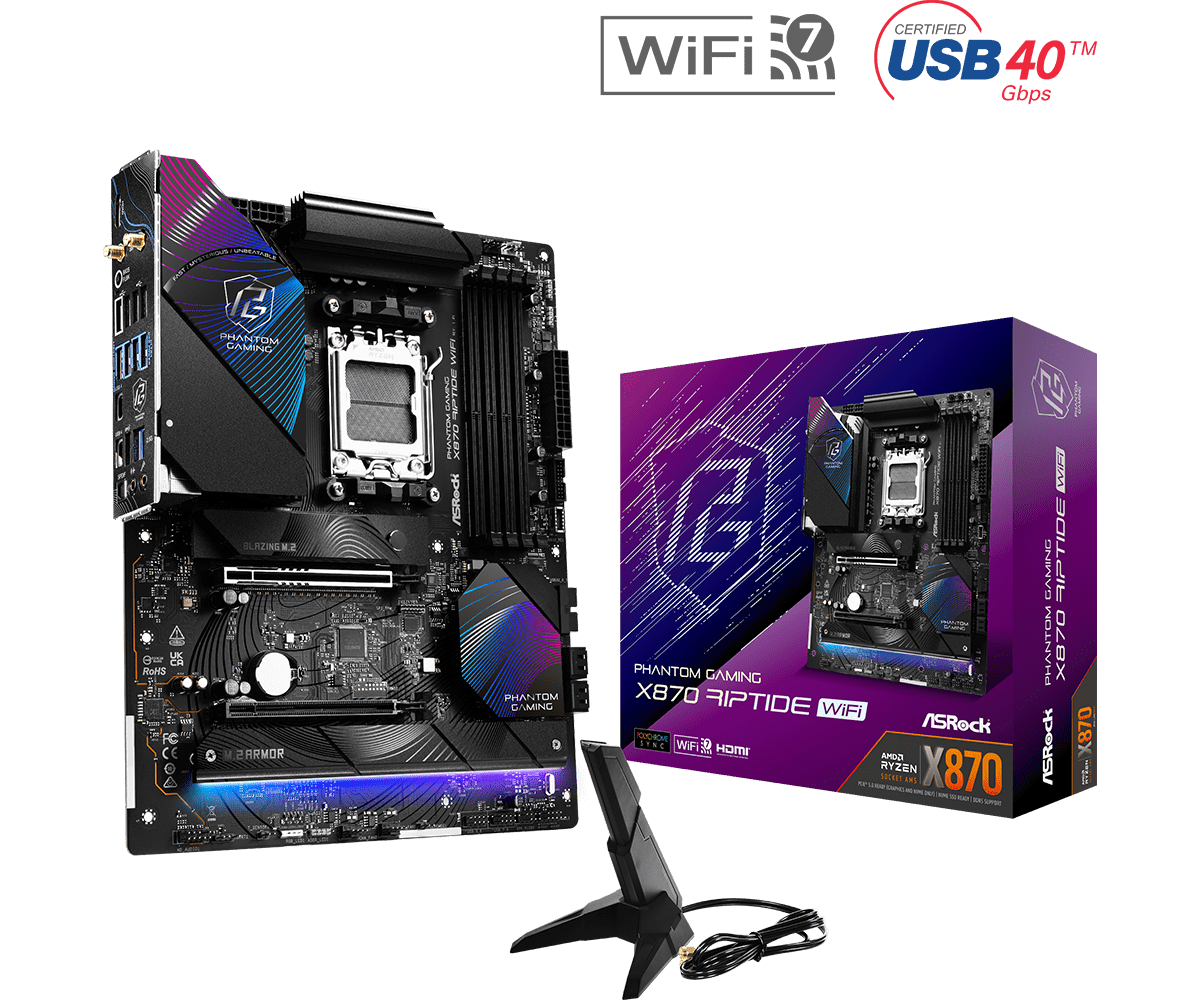 ASRock PG X870 Riptide WiFi Sockel AM5, 4xDDR5 3xM.2 / HDMI , ATX ASRock PG X870 Riptide WiFi Sockel AM5, 4xDDR5 3xM.2 / HDMI , ATX