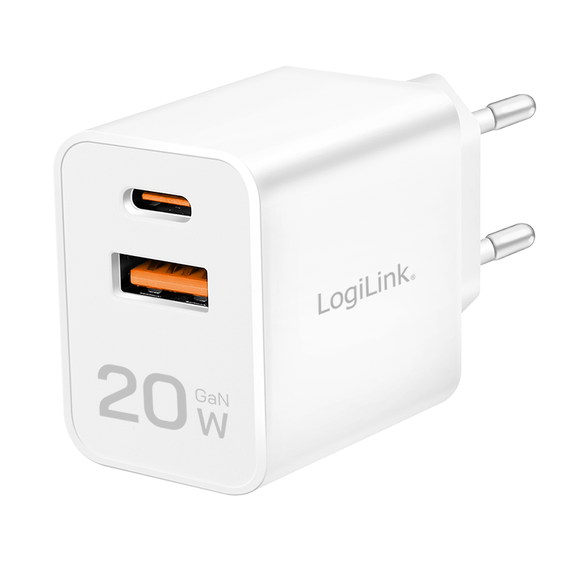 Dual USB Lade-Adapter 230V auf 1x USB-C PD (20W) + 1x USB-A (18W), weiss