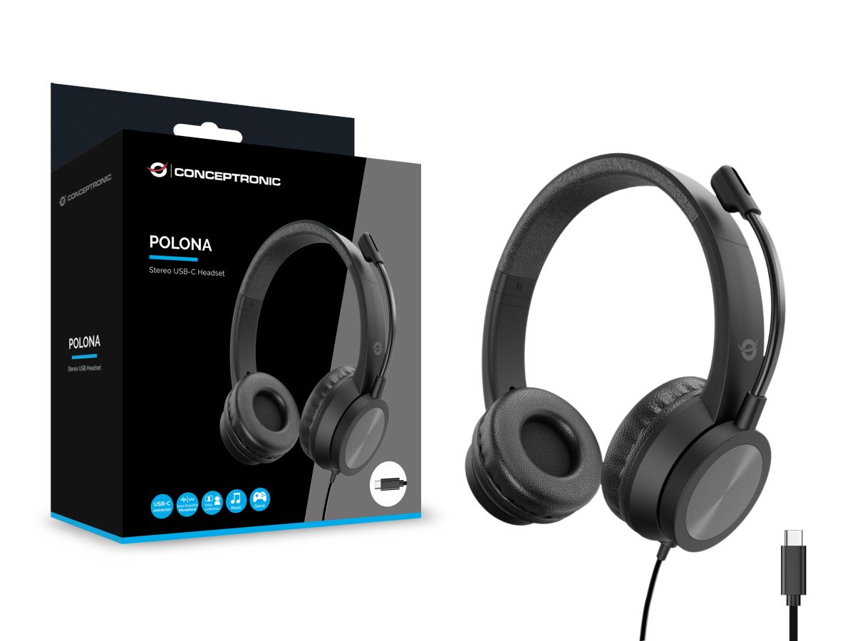 Conceptronic POLONA05C Stereo Headset USB-C mit FB am Kabel, schwarz