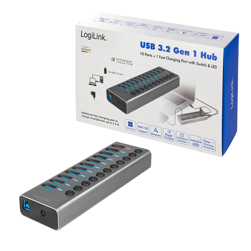 LogiLink USB 3.2 Aktiv-Hub 10+1 Port einzelnd schaltbar mit Netzteil, Alu grau