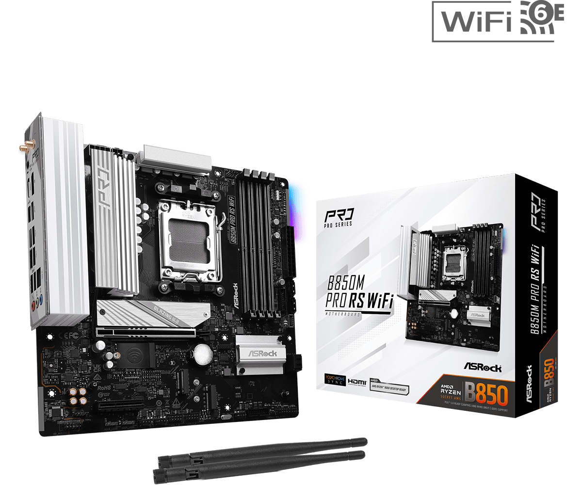 ASRock B850M Pro RS WiFi Sockel AM5, 4xDDR5 3xM.2 / HDMI / DP, mATX ASRock B850M Pro RS WiFi Sockel AM5, 4xDDR5 3xM.2 / HDMI / DP, mATX