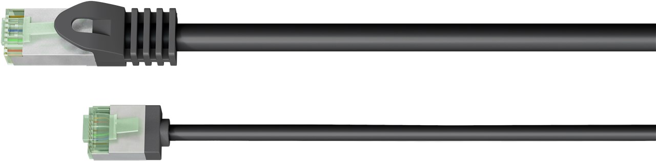 Netzwerk Patchkabel slim 5m schwarz Ultraflexibles Cat 8.1 U/FTP, extra kurze Stecker Netzwerk Patchkabel slim 5m schwarz Ultraflexibles Cat 8.1 U/FTP, extra kurze Stecker
