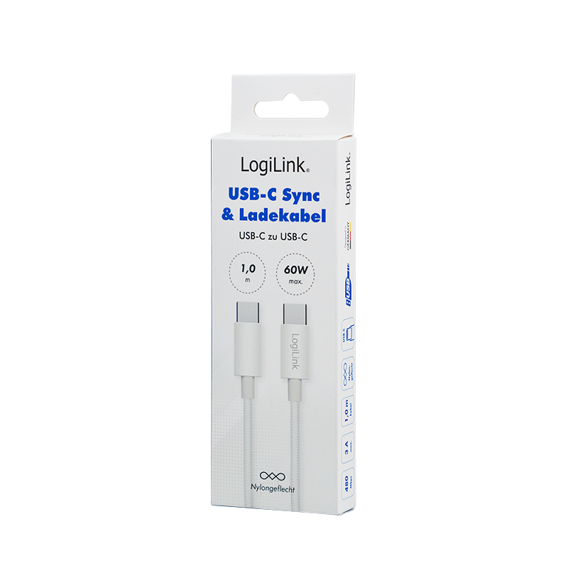 USB C/C Kabel 1,0 M. - USB Typ C-Stecker > USB Typ C-Stecker, weiss Textil