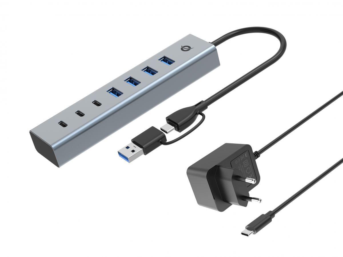 USB C Active-Hub 7-Port - USB 3.2 Typ C-Stecker > 4x USB 3.0 A-Buchse + 3x USB C-Buchse mit NT