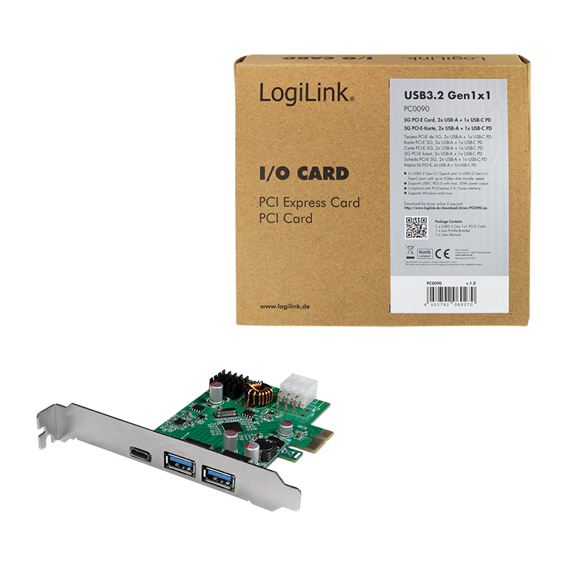 LogiLink USB 3.2 Gen 1 Karte, 2x USB-A &amp; USB-C (PD), PCIe