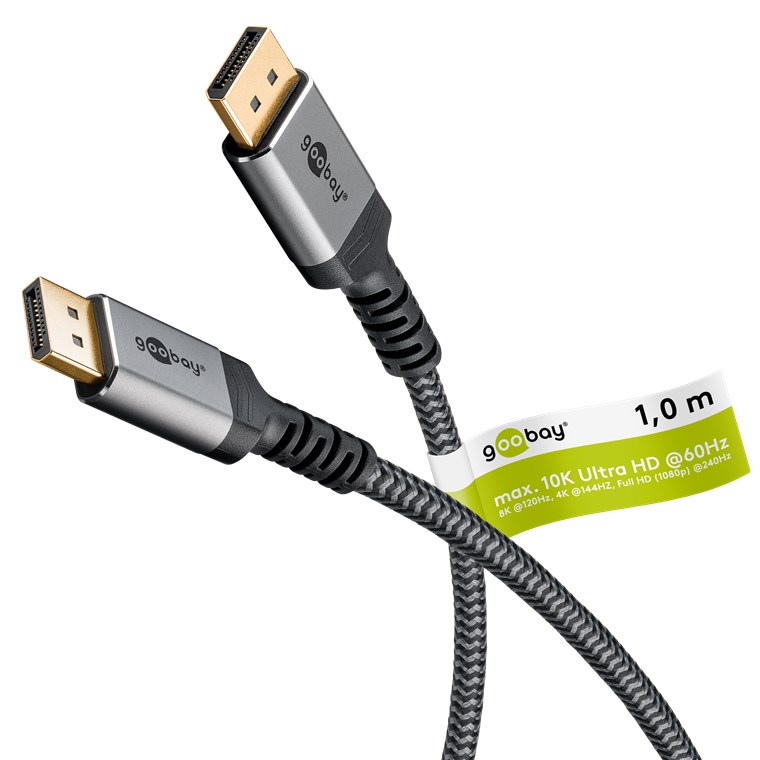 DisplayPort Anschlusskabel 1 Meter 2.0/2.1, 16K/60Hz, Textilmantel + vergoldet DP-Stecker > DP-Stecker, schwarz/grau DisplayPort Anschlusskabel 1 Meter 2.0/2.1, 16K/60Hz, Textilmantel + vergoldet DP-Stecker > DP-Stecker, schwarz/grau