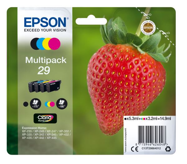 Epson 29 Multipack Tinte (Erdbeere), schwarz/cyan/magenta/gelb, 14,9ml / 175 Seiten Epson 29 Multipack Tinte (Erdbeere), schwarz/cyan/magenta/gelb, 14,9ml / 175 Seiten