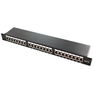 Patch Panel 24-Port RJ-45 CAT-5/-6  für 19" Industrie-Gehäuse / 1HE, schwarz Patch Panel 24-Port RJ-45 CAT-5/-6  für 19" Industrie-Gehäuse / 1HE, schwarz