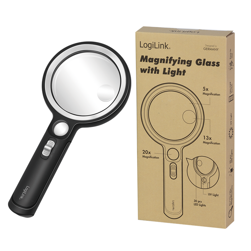 Lupe / Vergrößerungsglas mit Licht, 5-, 13- und 20-facher Vergrößerung, schwarz Lupe / Vergrößerungsglas mit Licht, 5-, 13- und 20-facher Vergrößerung, schwarz
