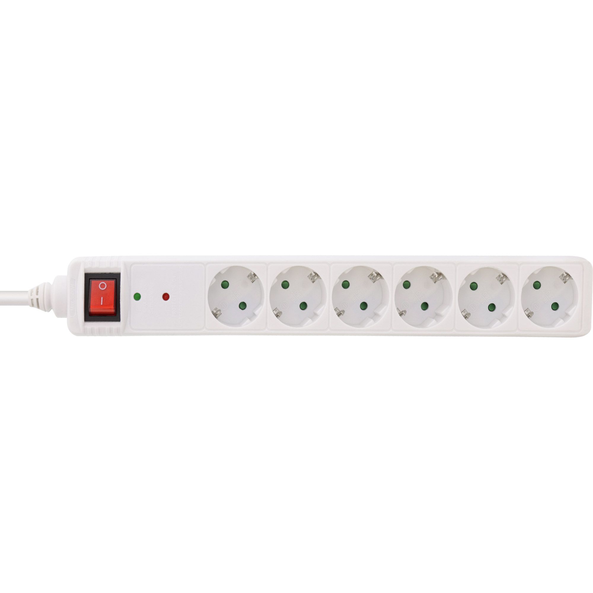 Steckdosenleiste 6-fach 230V  1x Schuko Stecker/6x Schuko Buchse, mit Ü-Schutz und Schalter, 1.5 Meter, weiss