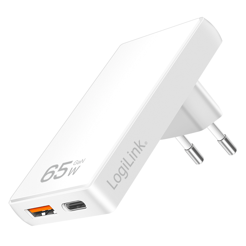 Logilink PD GaN Dual Schnellladegerät Slim (65W) auf USB-C + USB-A, weiß