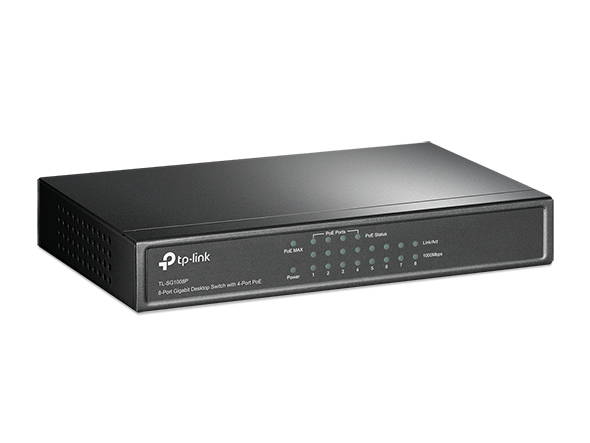 TP-Link TL-SG1008P Gigabit PoE Switch 8-Port (4xPoE) 10-1000Mbps Desktop, schwarz TP-Link TL-SG1008P Gigabit PoE Switch 8-Port (4xPoE) 10-1000Mbps Desktop, schwarz
