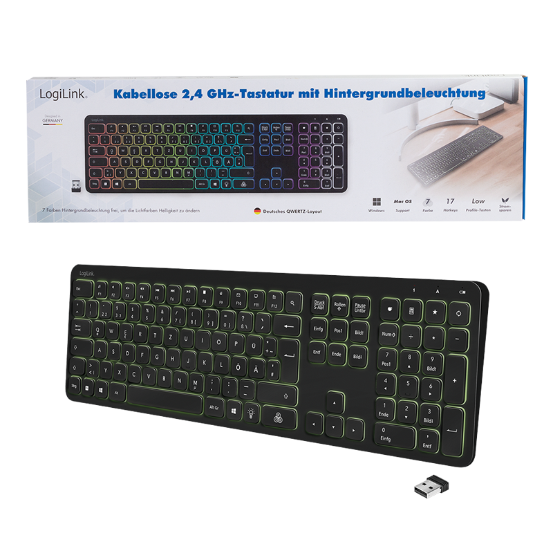 LogiLink Tastatur mit Hintergrundbeleuchtung USB Funk 2.4 GHz, deutsch, schwarz LogiLink Tastatur mit Hintergrundbeleuchtung USB Funk 2.4 GHz, deutsch, schwarz