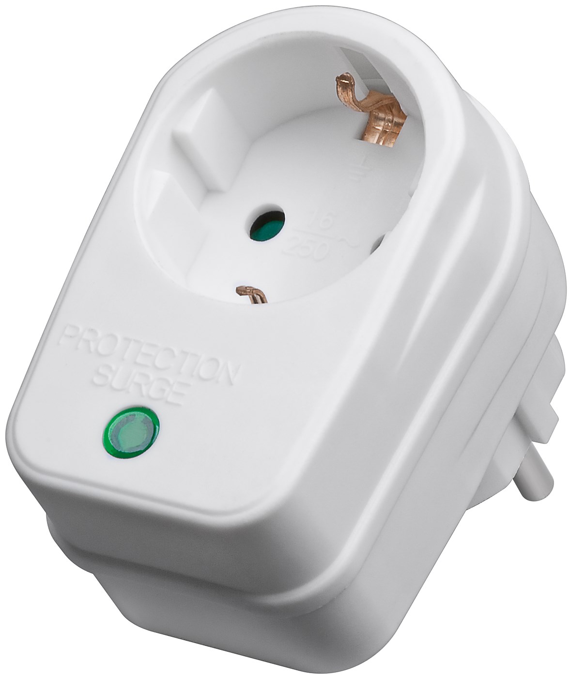 Steckdosenadapter 230V 1x Schuko mit Überspannungsschutz, weiss Steckdosenadapter 230V 1x Schuko mit Überspannungsschutz, weiss