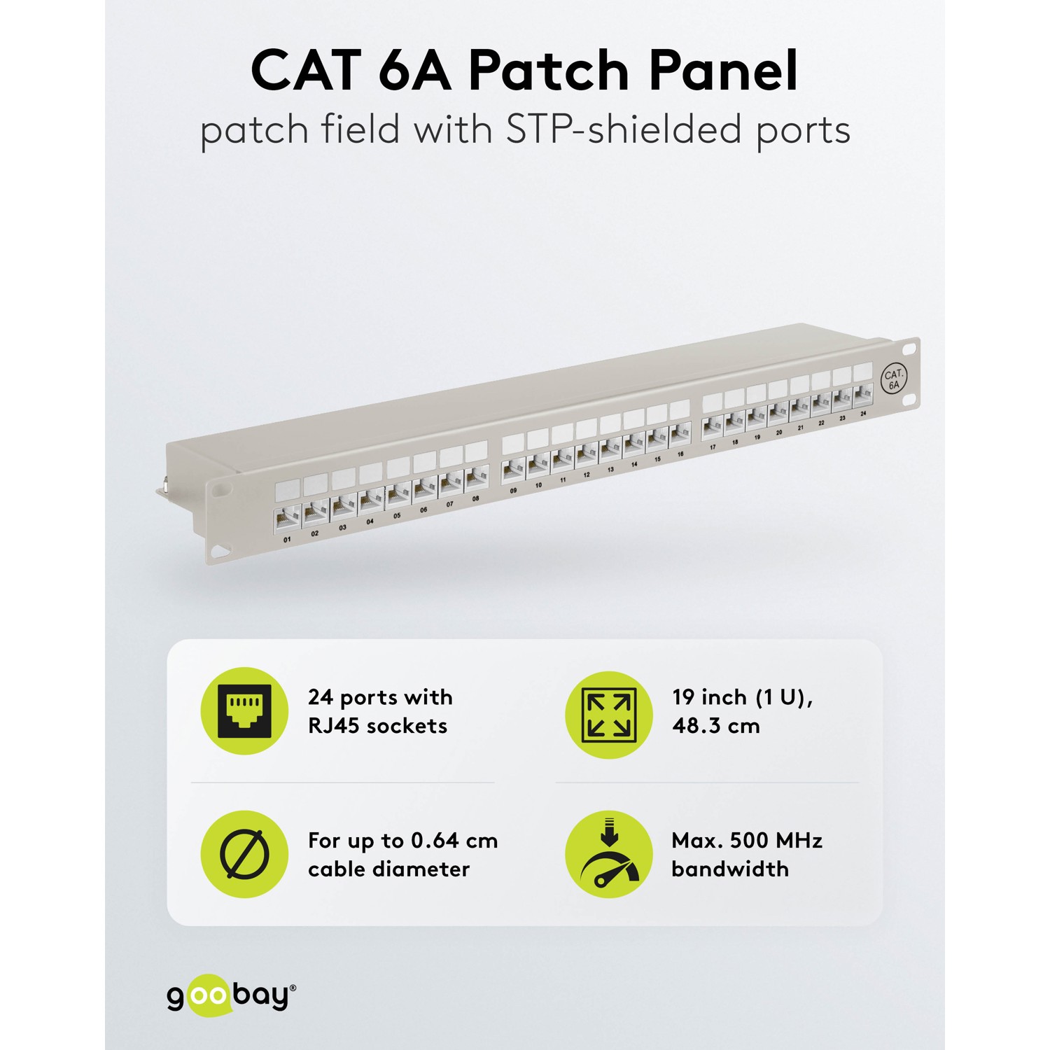 Patch Panel 24-Port RJ-45 CAT-6A  für 19" Industrie-Gehäuse / 1HE, hellgrau