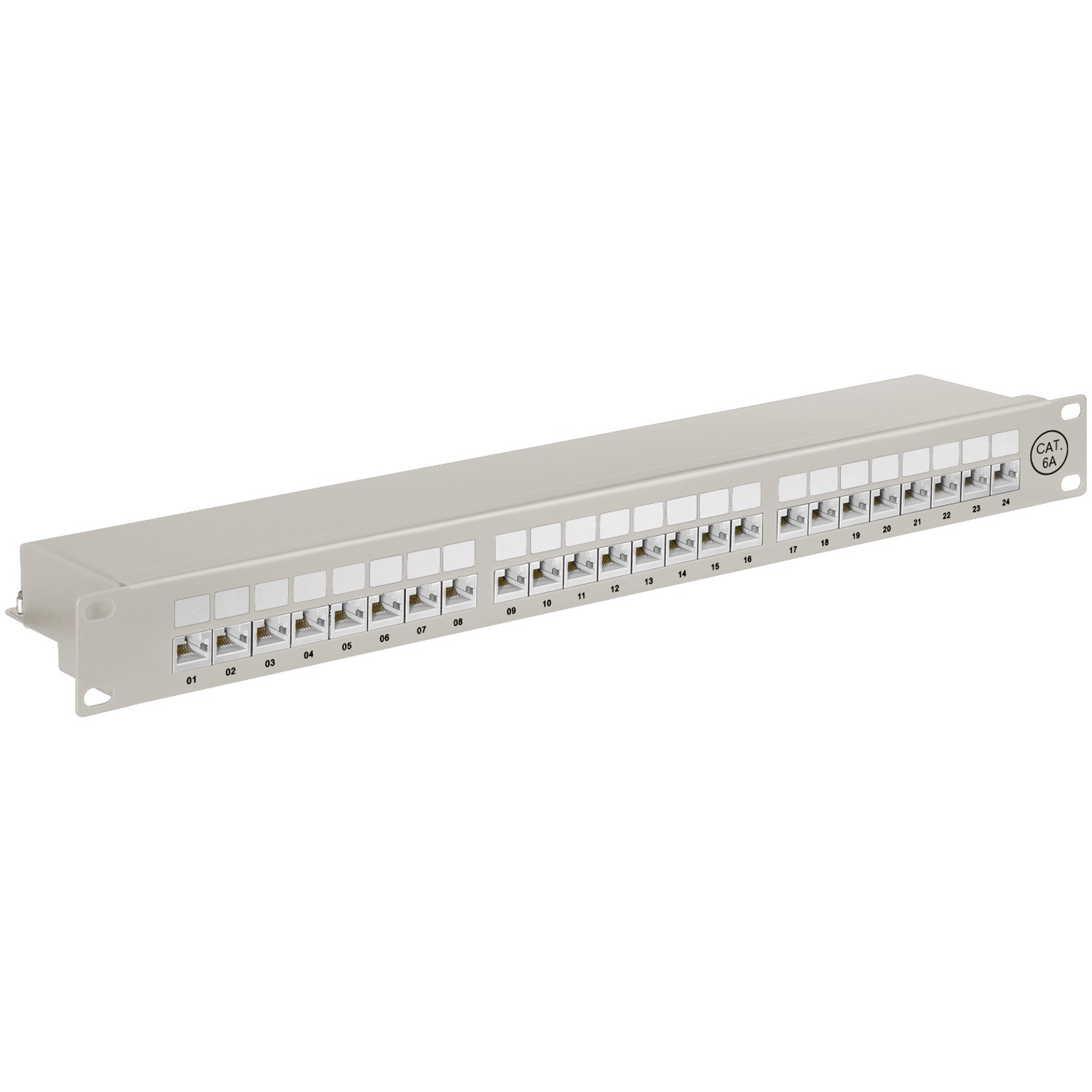 Patch Panel 24-Port RJ-45 CAT-6A  für 19" Industrie-Gehäuse / 1HE, hellgrau