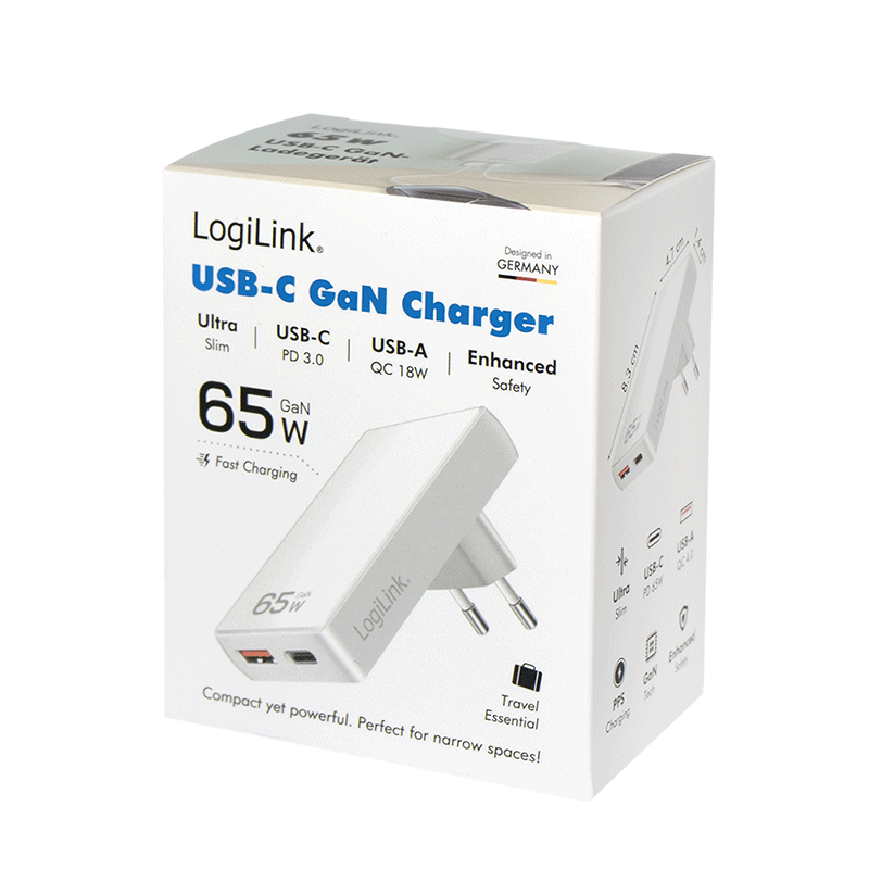 Logilink PD GaN Dual Schnellladegerät Slim (65W) auf USB-C + USB-A, weiß