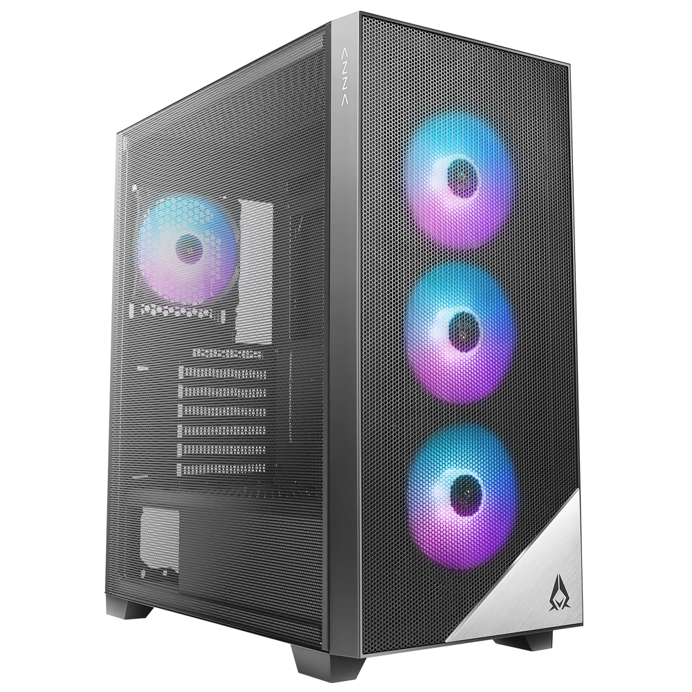 Miditower AzzA Aero 480 Gaming Gehäuse ohne Netzteil, USB3/Audio, 4x ARGB-Lüfter, schwarz Miditower AzzA Aero 480 Gaming Gehäuse ohne Netzteil, USB3/Audio, 4x ARGB-Lüfter, schwarz