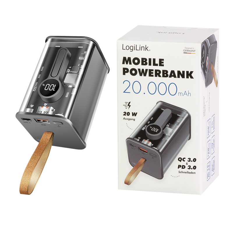 Mobile Powerbank, 20.000mAh, USB-A + USB-C PD + QC, 20W, transparent Mobile Powerbank, 20.000mAh, USB-A + USB-C PD + QC, 20W, transparent