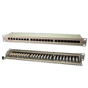 Patch Panel 24-Port RJ-45 CAT-5/-6 für 19" Industrie-Gehäuse / 1HE, hellgrau Patch Panel 24-Port RJ-45 CAT-5/-6 für 19" Industrie-Gehäuse / 1HE, hellgrau
