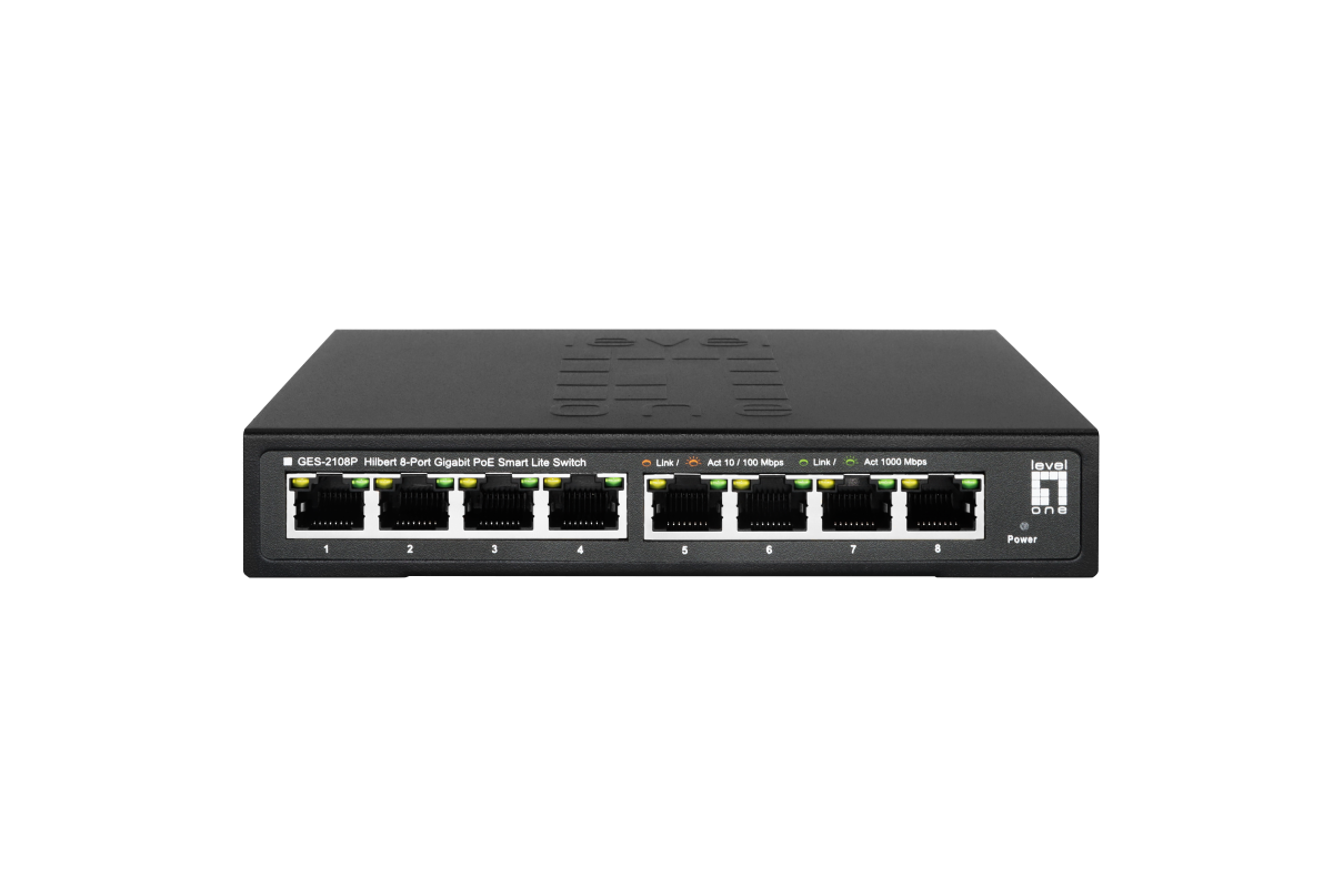 LevelOne GES-2108P Hilbert Gigabit Switch  8-Port (8xPoE+ 112W)  10-1000Mbps, Desktop Metallgehäuse