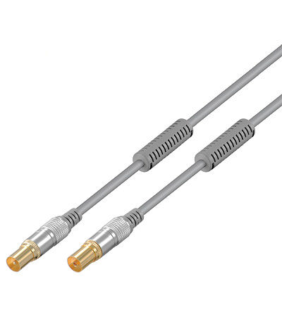 Antennen Anschlusskabel  5 Meter (100 dB typ) Koaxial Stecker/Kupplung, High Quality mit Ferritkernen, silber