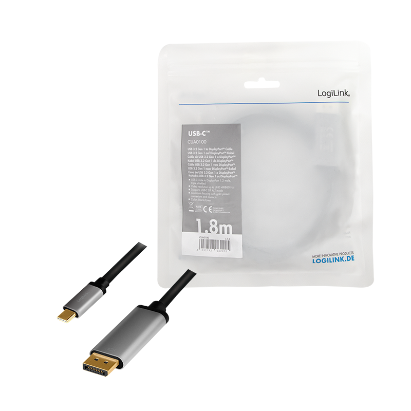 USB C/DP Logilink-Kabel 1.8M. USB Typ-C Stecker zu DisplayPort Stecker 4K, schwarz/grau