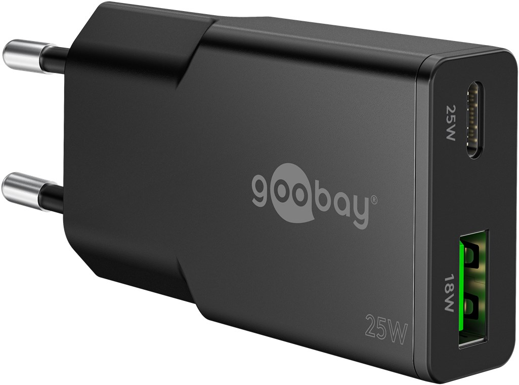 Goobay Dual USB Lade-Adapter 230V auf USB-C PD + USB-A QC, schwarz Goobay Dual USB Lade-Adapter 230V auf USB-C PD + USB-A QC, schwarz