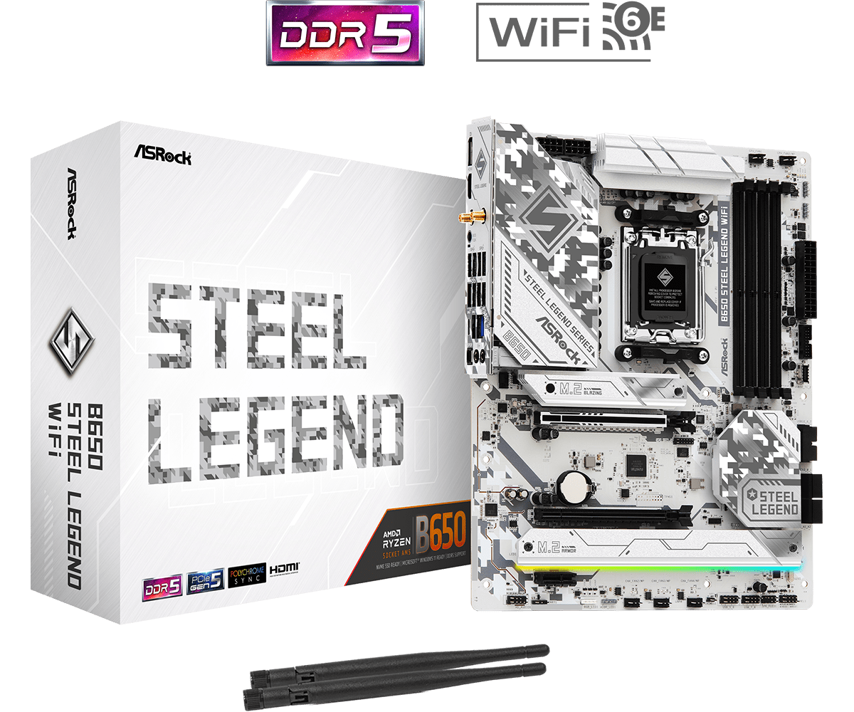 ASRock B650 Steel Legend WiFi Sockel AM5, 4xDDR5 3xM.2 / DP / HDMI , ATX ASRock B650 Steel Legend WiFi Sockel AM5, 4xDDR5 3xM.2 / DP / HDMI , ATX