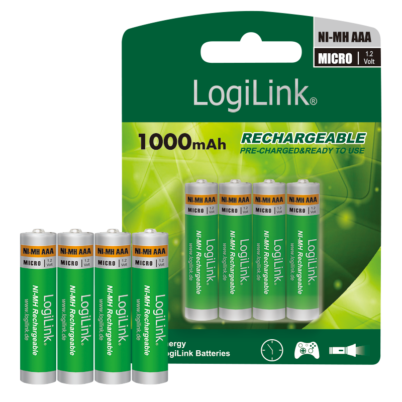 Akku 4x LogiLink LR03RB4 NiMH AAA Microzelle 1.2 Volt / 1000 mAH, 4er Pack Akku 4x LogiLink LR03RB4 NiMH AAA Microzelle 1.2 Volt / 1000 mAH, 4er Pack