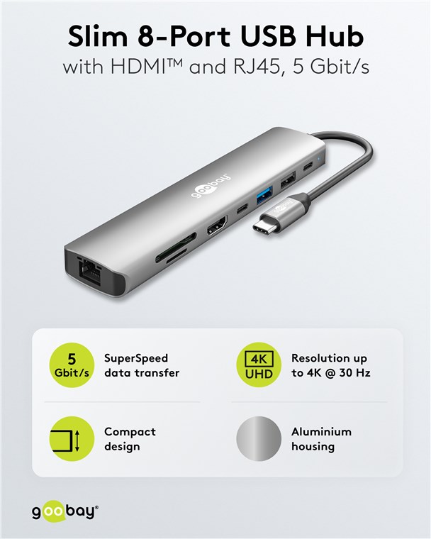 USB C Multiport-Adapter - USB 3.2 Typ C-Stecker > HDMI / 2xUSB-A / 2xUSB-C-PD / RJ45 / CR -Buchse, grau