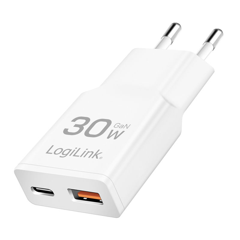 Logilink Dual USB Lade-Adapter 230V (30W) auf USB-C PD + USB-A QC, weiß