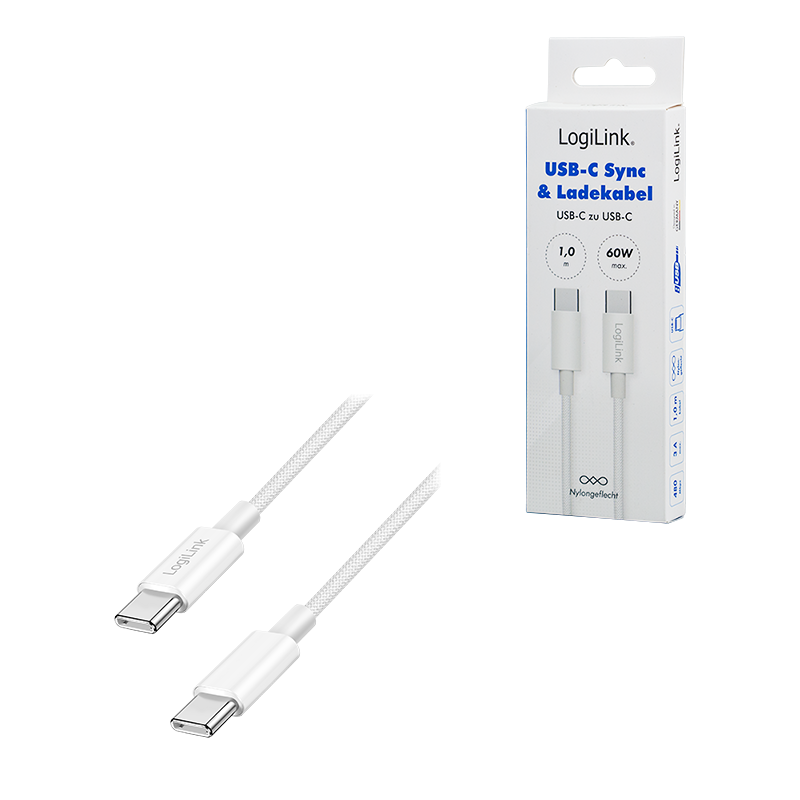 USB C/C Kabel 1,0 M. - USB Typ C-Stecker > USB Typ C-Stecker, weiss Textil