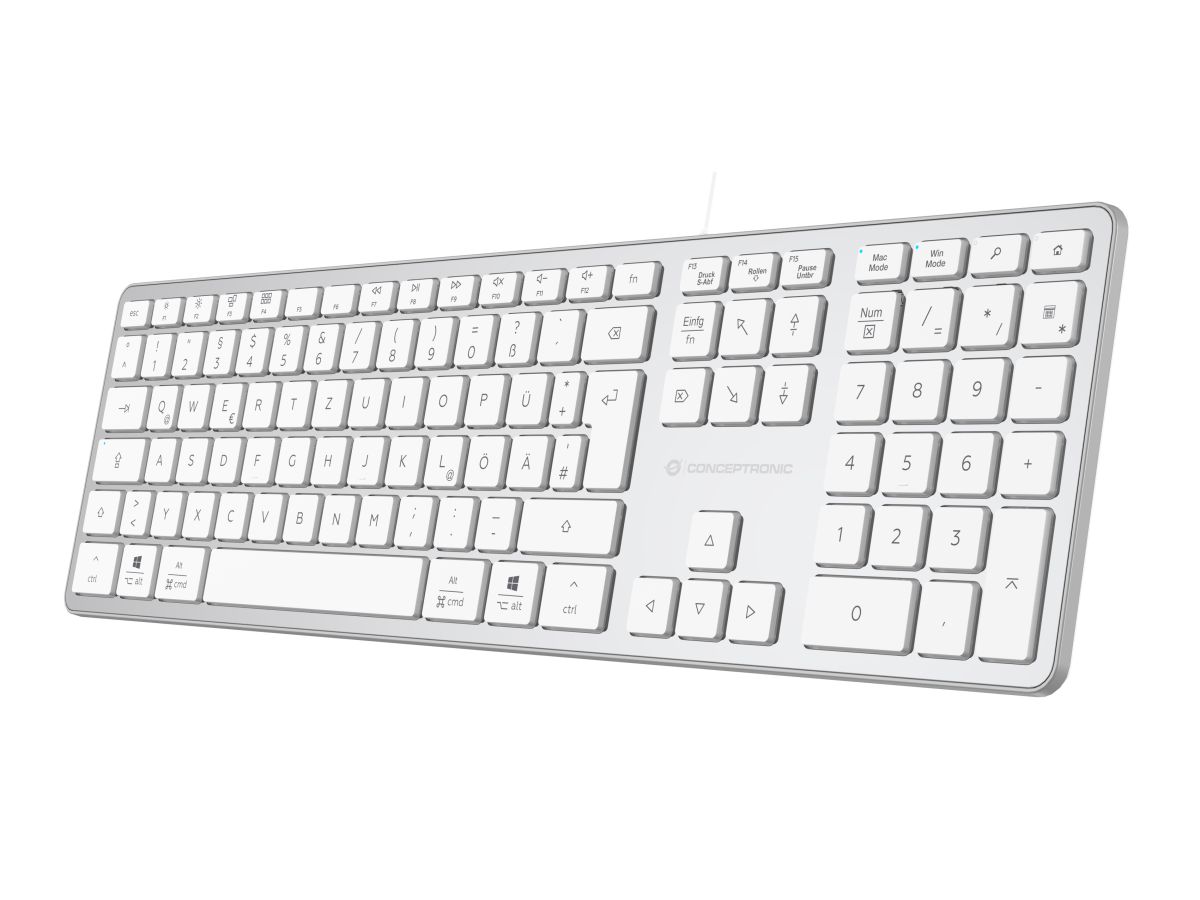 Conceptronic Tastatur slim USB-A/USB-C deutsch, silber/weiss
