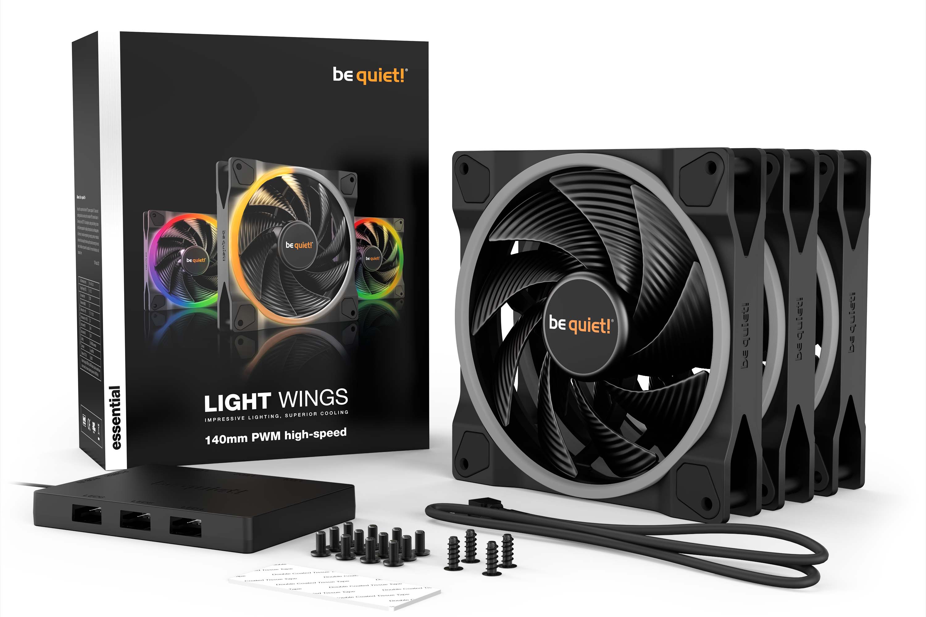 BeQuiet Light Wings ARGB PWM high-speed PC-Lüfter Set 3x 140x140x25mm 4-pol. PWM-Stecker, schwarz BeQuiet Light Wings ARGB PWM high-speed PC-Lüfter Set 3x 140x140x25mm 4-pol. PWM-Stecker, schwarz