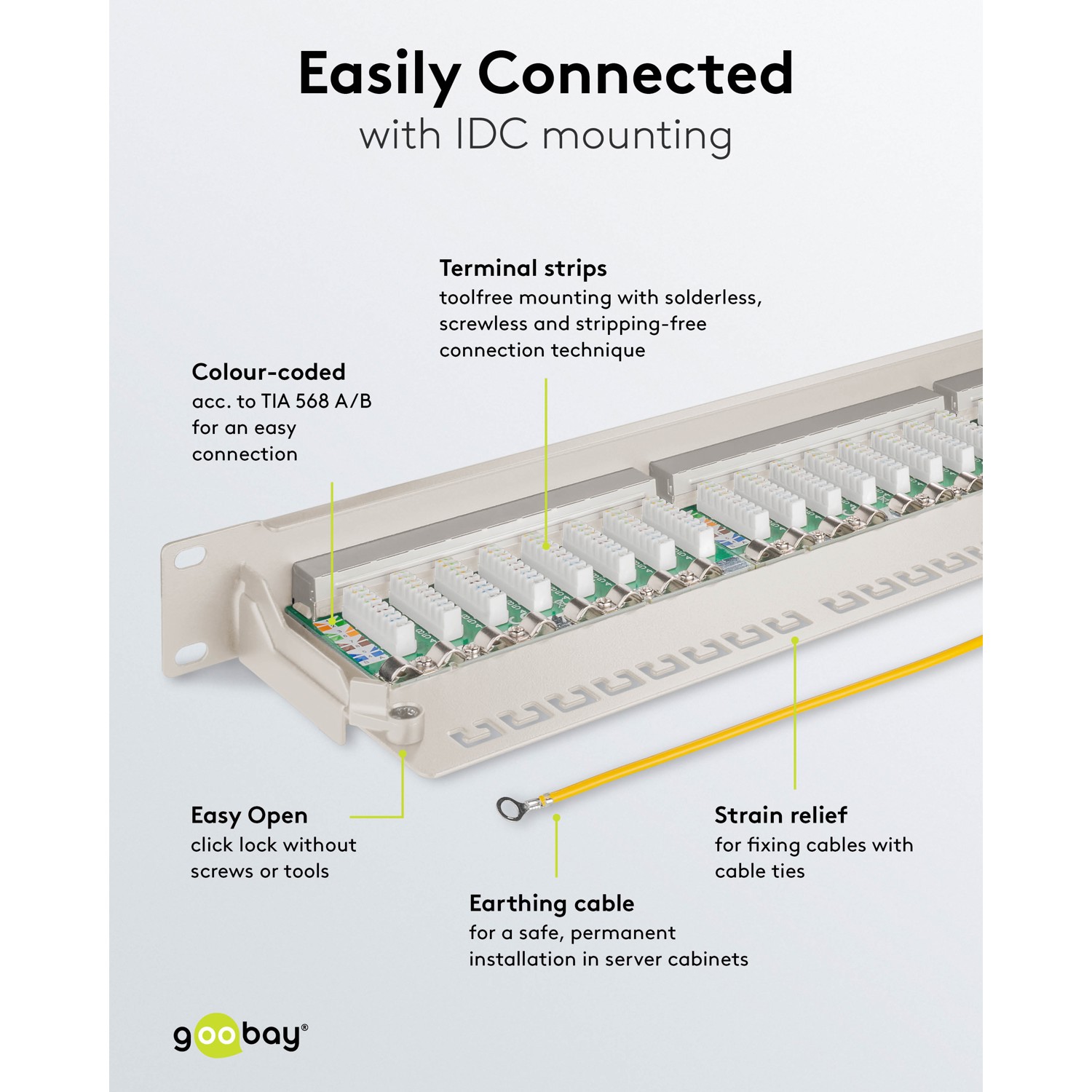 Patch Panel 24-Port RJ-45 CAT-6A  für 19" Industrie-Gehäuse / 1HE, hellgrau