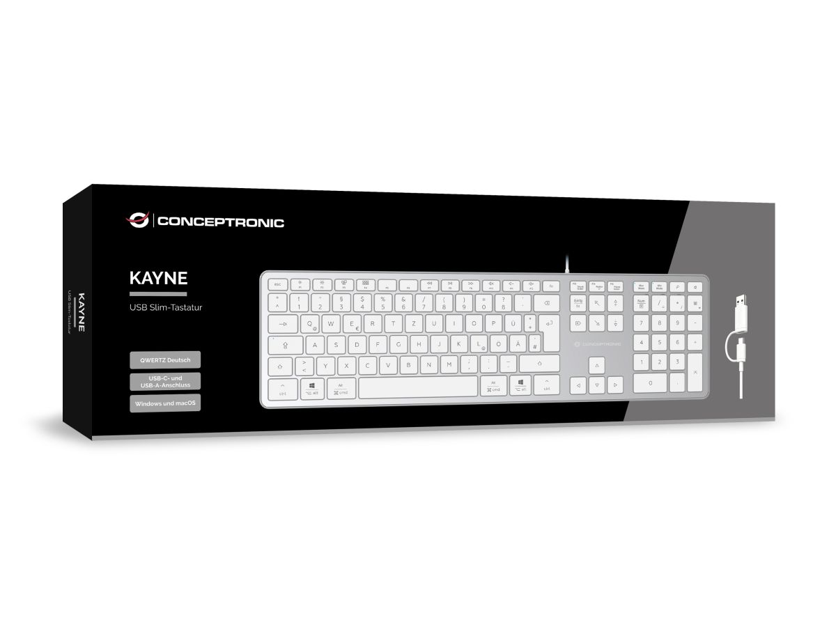 Conceptronic Tastatur slim USB-A/USB-C deutsch, silber/weiss