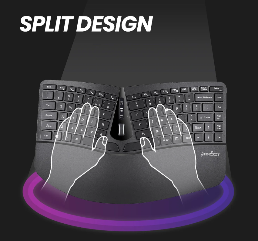 Perixx PERIDUO-606 DE, Kabellose kompakte ergonomische Tastatur, Maus und Ziffernblock, schwarz
