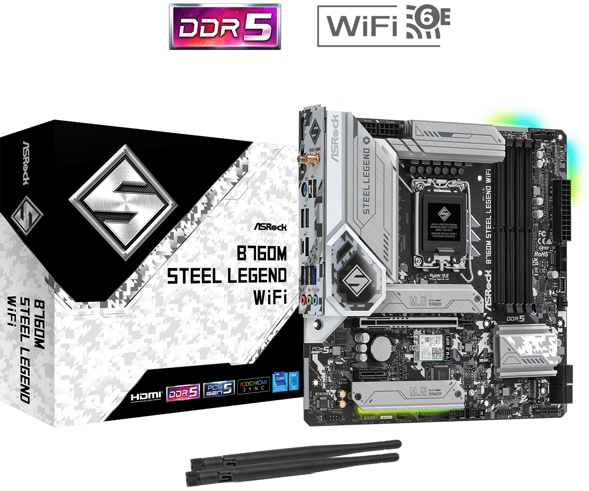 ASRock B760M Steel Legend WiFi Sockel 1700, 4xDDR5 HDMI / DP / 3x M.2 / mATX ASRock B760M Steel Legend WiFi Sockel 1700, 4xDDR5 HDMI / DP / 3x M.2 / mATX