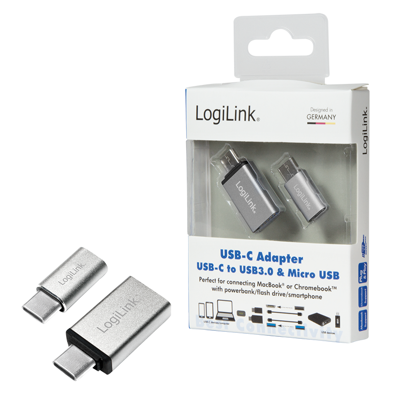 USB C/A/Micro-B Adapterkit - USB Typ C-Stecker > USB 3.0 A-Buchse + Micro-USB Buchse, silber USB C/A/Micro-B Adapterkit - USB Typ C-Stecker > USB 3.0 A-Buchse + Micro-USB Buchse, silber