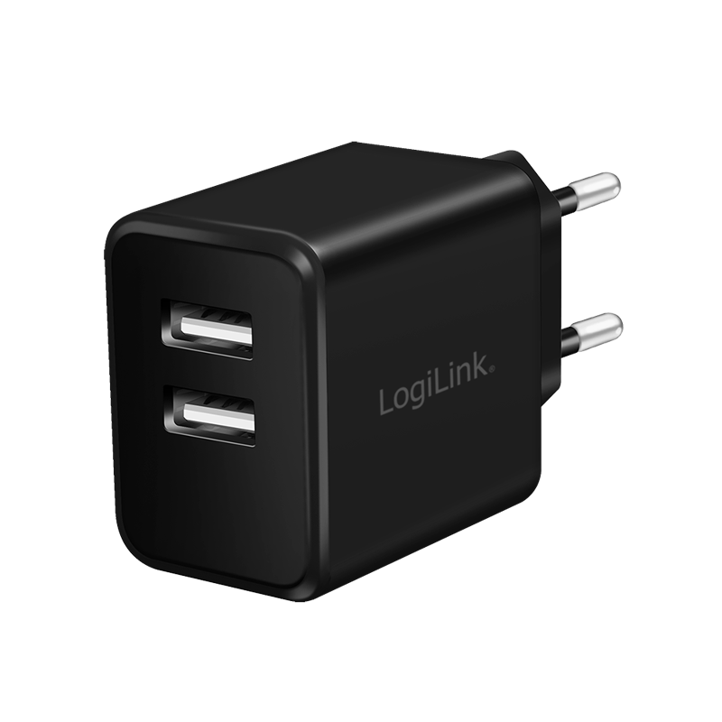USB Lade-Adapter 230V auf 2x USB-A Buchse 2400mA, schwarz USB Lade-Adapter 230V auf 2x USB-A Buchse 2400mA, schwarz