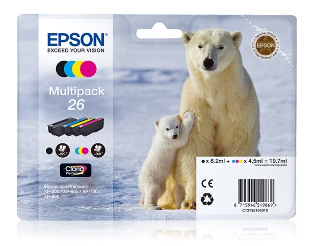 Epson T26 Multipack Tinte (Eisbär), schwarz/cyan/magenta/gelb, 19,7ml Epson T26 Multipack Tinte (Eisbär), schwarz/cyan/magenta/gelb, 19,7ml