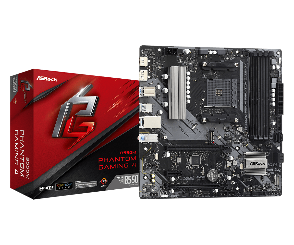 ASRock B550M Phantom Gaming 4 Sockel AM4, 4xDDR4 2xM.2 / HDMI / DP / VGA, µATX ASRock B550M Phantom Gaming 4 Sockel AM4, 4xDDR4 2xM.2 / HDMI / DP / VGA, µATX